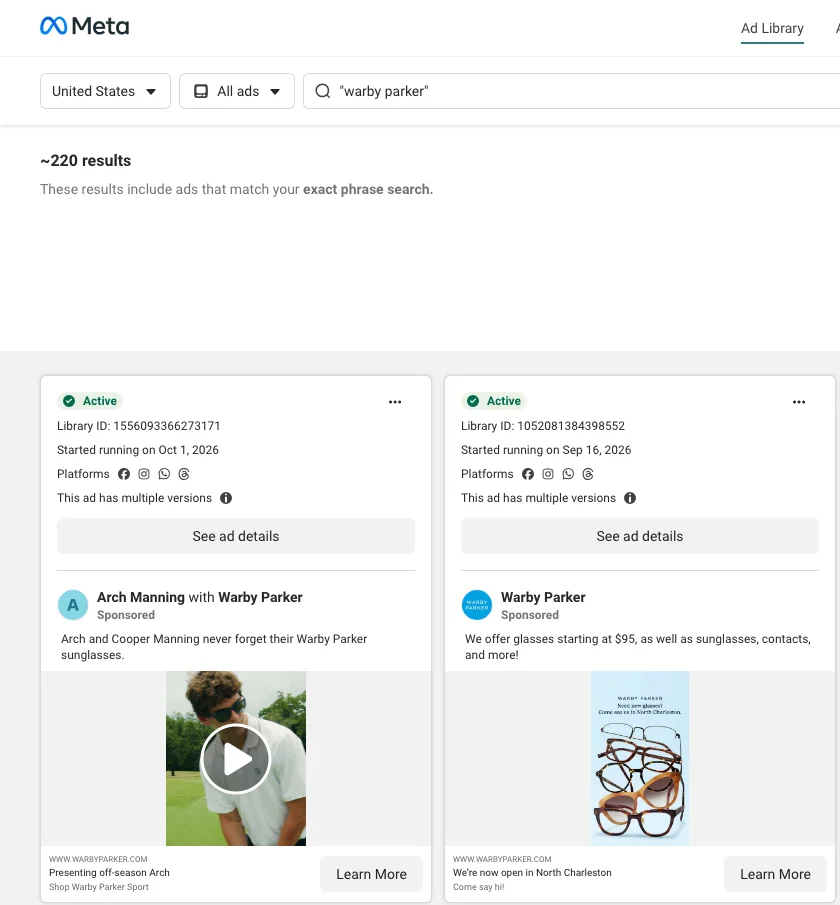 Meta Ad Library results for an exact-phrase search of “warby parker”: the country, ad category and search controls, then two active ad cards, each listing a Library ID, a Started running on date, platform icons and the note This ad has multiple versions, above the ad creative.